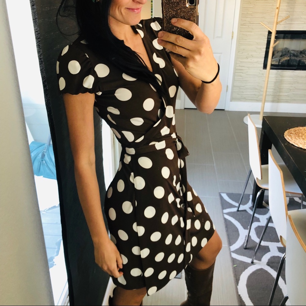 Brown and white Polka dot wrap dress Medium